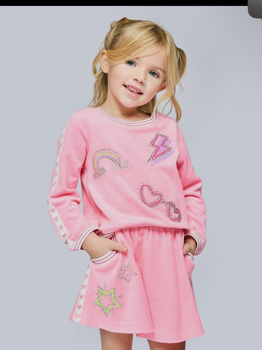 Pink Velour Skirt Set Rhinestone
